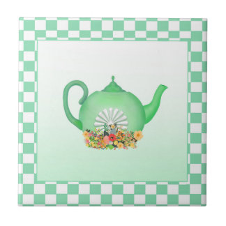 Beautiful Green Teapot with Flowers Ceramic Tile