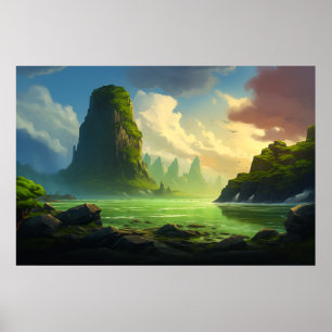 Beautiful Green Water Bay Illustration Poster