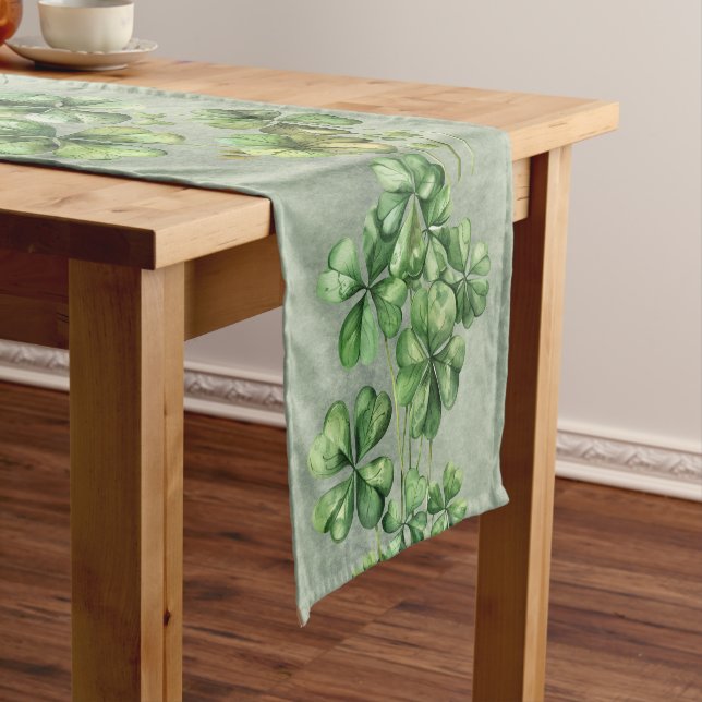 Beautiful Green Watercolor Shamrock Short Table Runner (In Situ)