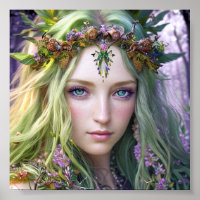 Beautiful Green-White Haired Druid Colourful Poste