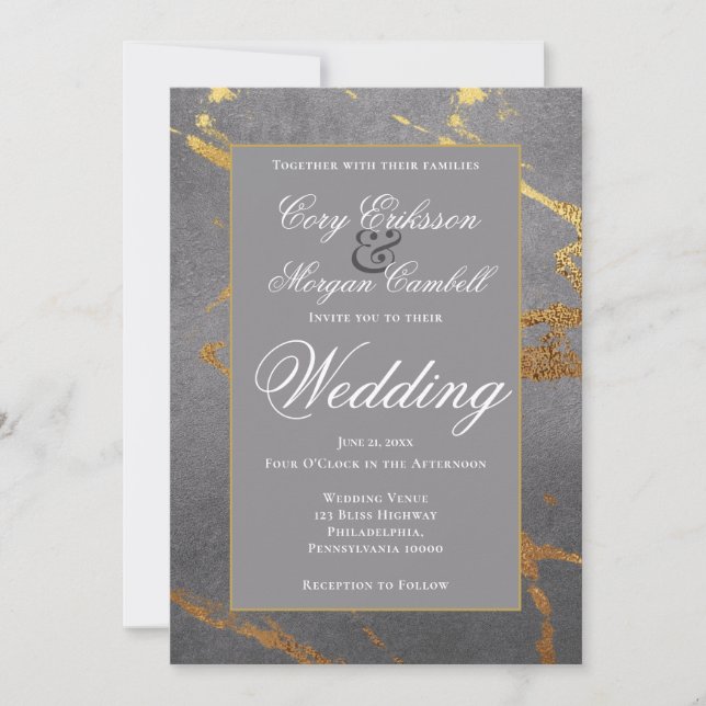 Beautiful Grey And Gold Marbling Wedding Announcement (Front)