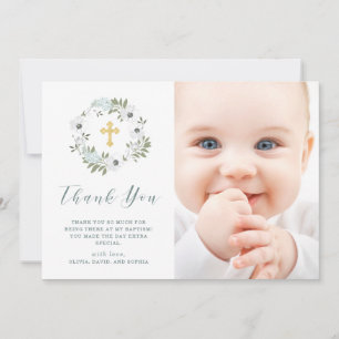 Beautiful Grey and White Floral Photo Baptism Thank You Card