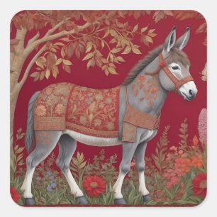 Beautiful Grey Donkey Red Countryside Square Sticker
