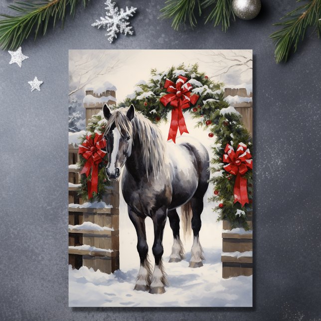 Beautiful Grey Horse with Winter Garland Christmas Holiday Card (Front - Beautiful Grey Horse with Winter Garland Christmas Holiday Card)