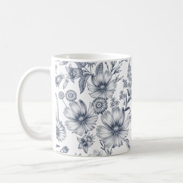 Beautiful Grey Scale Floral Sketch Drawing Coffee Mug (Left)