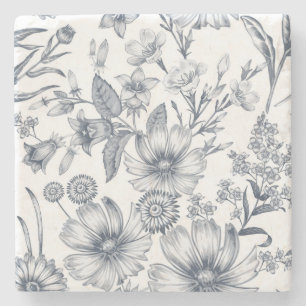 Beautiful Grey Scale Floral Sketch Drawing Stone Coaster