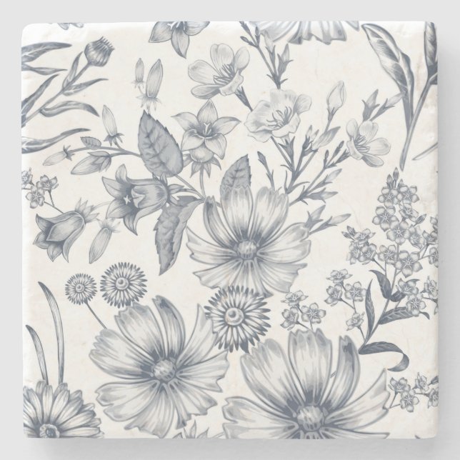 Beautiful Grey Scale Floral Sketch Drawing Stone Coaster (Front)