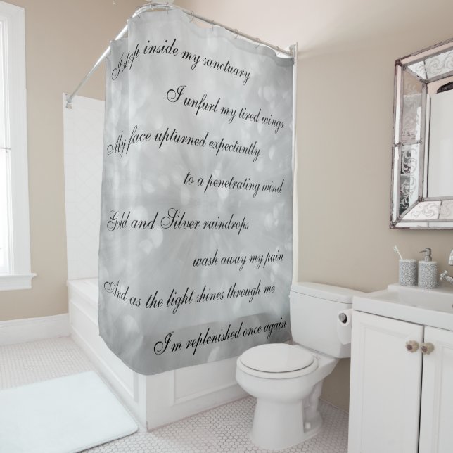 Beautiful grey /silver Cleansing Mantra design Shower Curtain (In Situ)