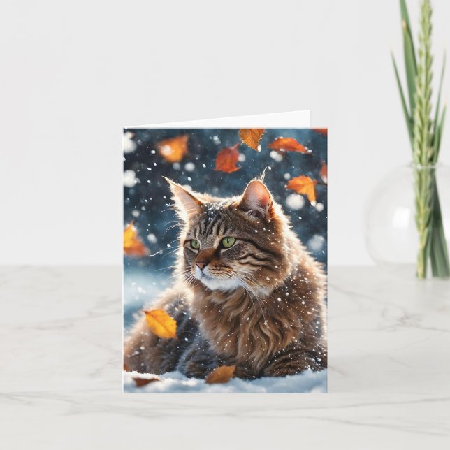 Beautiful Grey Tabby Cat Fall Leaves Blank  Card (Front)