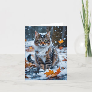 Beautiful Grey Tabby Cat Fall Leaves Blank Card