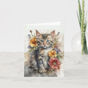Beautiful Grey Tabby Cat Flowers Blank Greeting Card