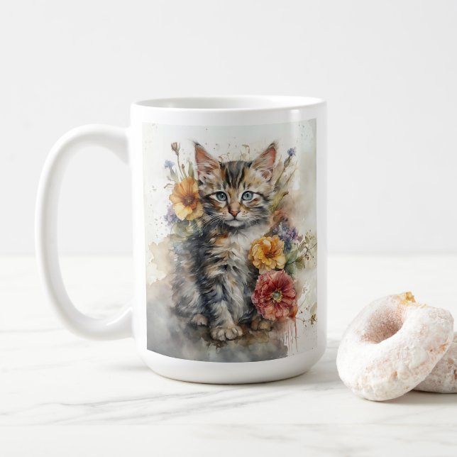 Beautiful Grey Tabby Cat Flowers Coffee Mug (With Donut)