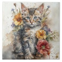 Beautiful Grey Tabby Cat Surrounded by Flowers 