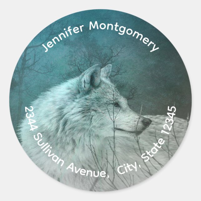 Beautiful Grey Wolf in a Dark Forest Address Classic Round Sticker (Front)
