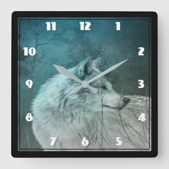 Beautiful Grey Wolf in a Dark Forest Square Wall Clock (Front)