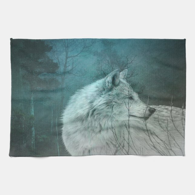 Beautiful Grey Wolf in a Dark Forest Tea Towel (Horizontal)