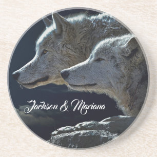 Beautiful Grey Wolves at Night Coaster