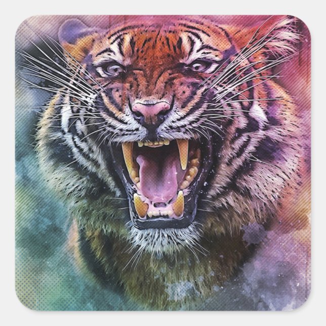 Beautiful Growling Bengal Tiger Face Photo Square Sticker (Front)