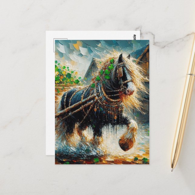 Beautiful Gypsy Vanner Pulling a Cart of Shamrocks Postcard (Front/Back In Situ)