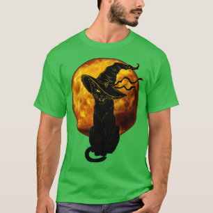Beautiful Halloween Black Cat with Witch Hat Full  T-Shirt
