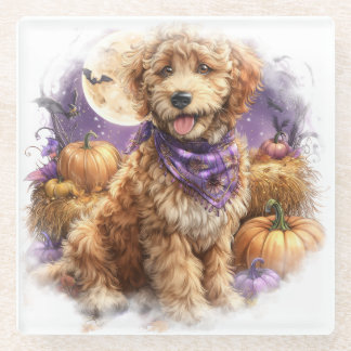 BEAUTIFUL HALLOWEEN THEMED GOLDENDOODLE DOG GLASS COASTER