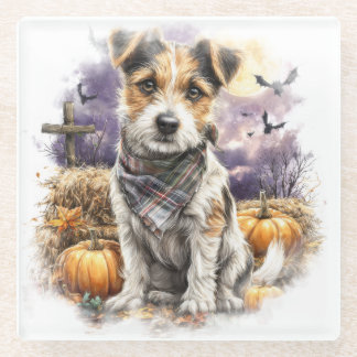 BEAUTIFUL HALLOWEEN THEMED JACK RUSSELL TERRIER GLASS COASTER