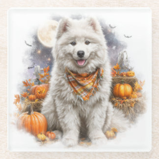 BEAUTIFUL HALLOWEEN THEMED SAMOYED DOG GLASS COASTER