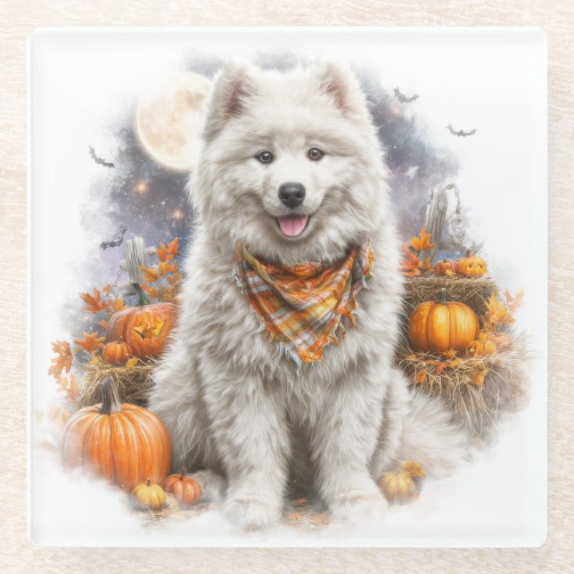 BEAUTIFUL HALLOWEEN THEMED SAMOYED DOG GLASS COASTER (Front)