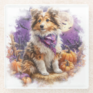 BEAUTIFUL HALLOWEEN THEMED SHETLAND SHEEPDOG GLASS COASTER