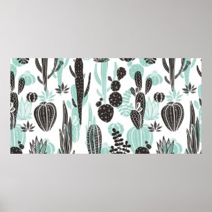 Beautiful hand drawn cacti doodle seamless pattern poster
