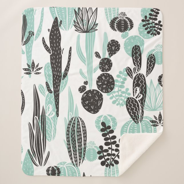 Beautiful hand drawn cacti doodle seamless pattern sherpa blanket (Front)