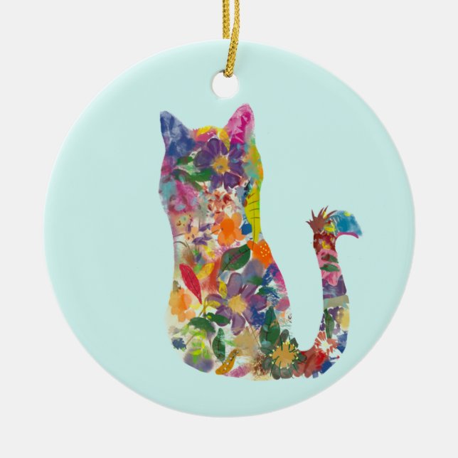 Beautiful hand drawn flower cat ceramic tree decoration (Front)