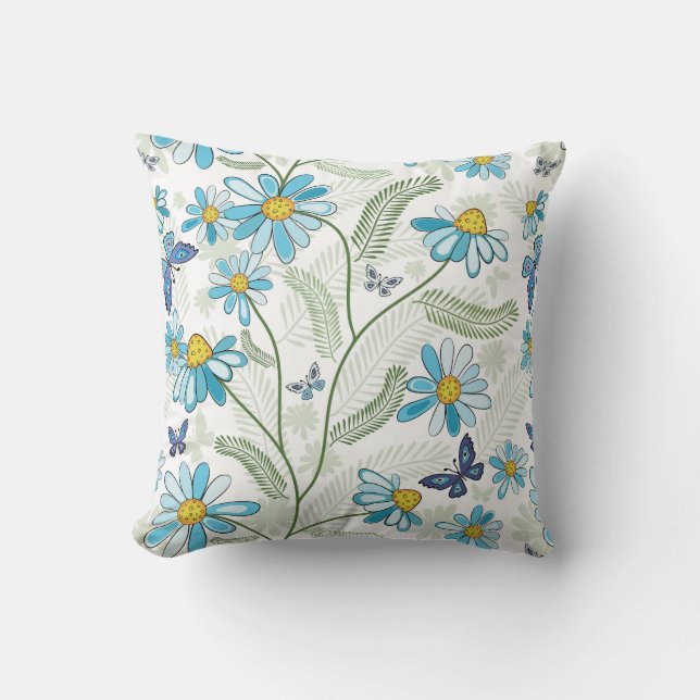 Beautiful Hand Drawn Pastel Blue Floral Pattern Cushion (Front)