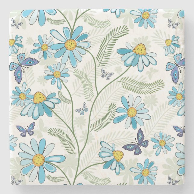 Beautiful Hand Drawn Pastel Blue Floral Pattern Stone Coaster (Front)