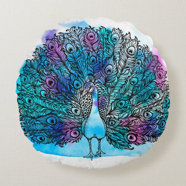 Beautiful Hand drawn Peacock bird consist many det Round Cushion (Front)