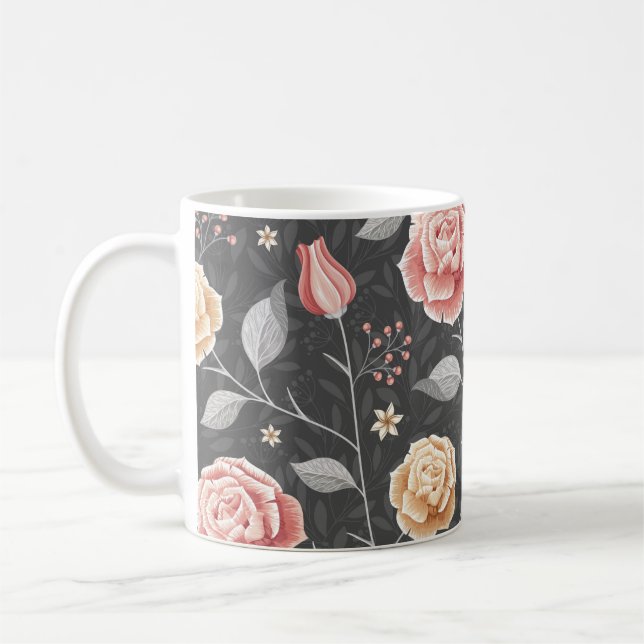 Beautiful Hand Drawn Pink and Yellow Rose Pattern Coffee Mug (Left)