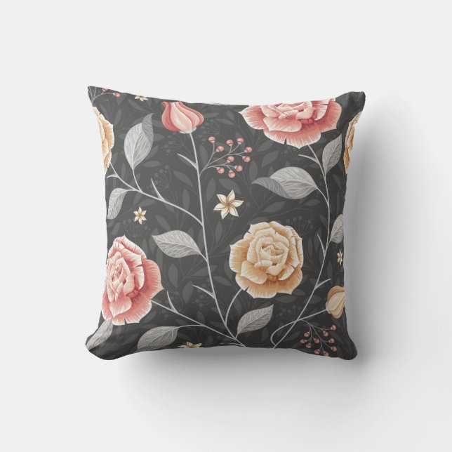 Beautiful Hand Drawn Pink and Yellow Rose Pattern Cushion (Front)