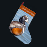 Beautiful Harlequin Duck at the Beach Large Christmas Stocking<br><div class="desc">Add a touch of elegance and nature to festive year-end celebrations with this wildlife-themed Christmas stocking. Personalise with a name. Reverse (for double-sided option) shows identical design. Great for the bird or nature lover on your gift list! One of a dozen of Harlequin Ducks I had the fortune of meeting...</div>