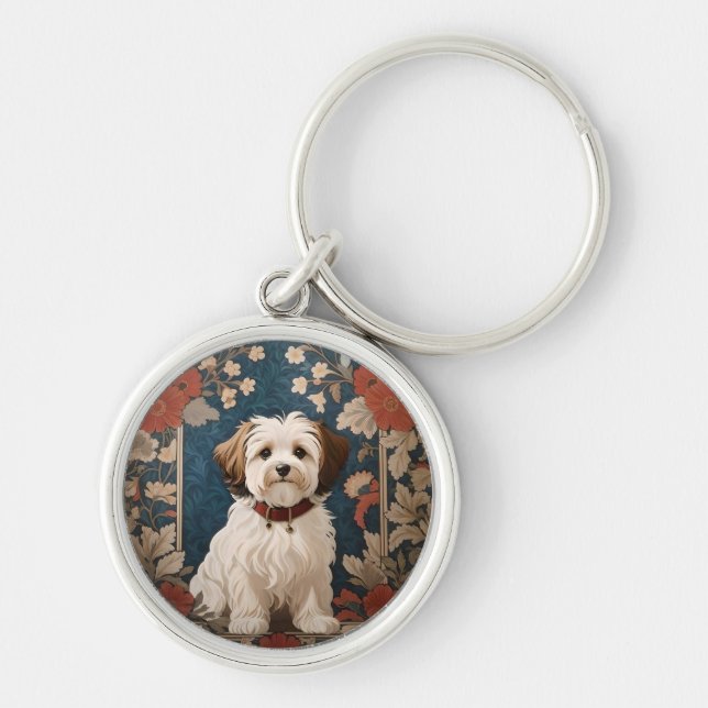 Beautiful Havanese Dog William Morris Floral Key Ring (Front)