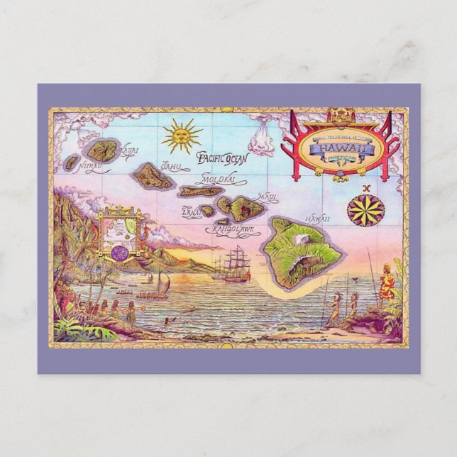 Beautiful Hawaiian Islands Map Postcard (Front)