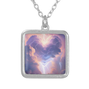 Beautiful heart of clouds and lightning. AI  Silver Plated Necklace