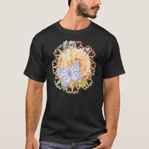 Beautiful Heart Rose Butterfly Green Peach Red T-Shirt