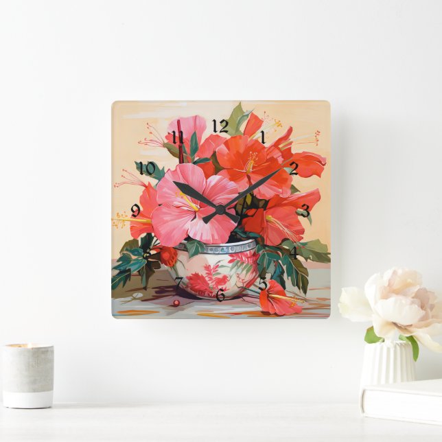 Beautiful Hibiscus Flowers, Pink/Red, Square Wall Clock (Home)