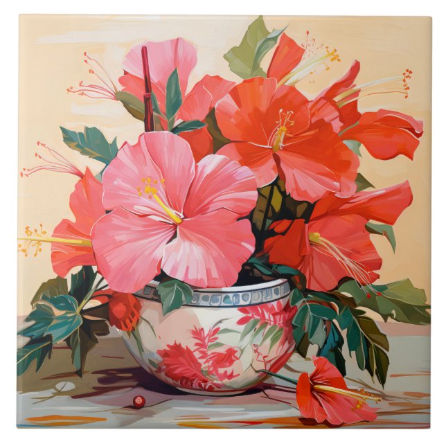 Beautiful Hibiscus Flowers, Pink/Red, Tile (Front)