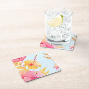Beautiful Hibiscus Tropical Flower Watercolor Square Paper Coaster