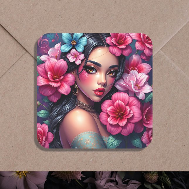 Beautiful Hispanic Anime Woman Square Sticker (Creator Uploaded)