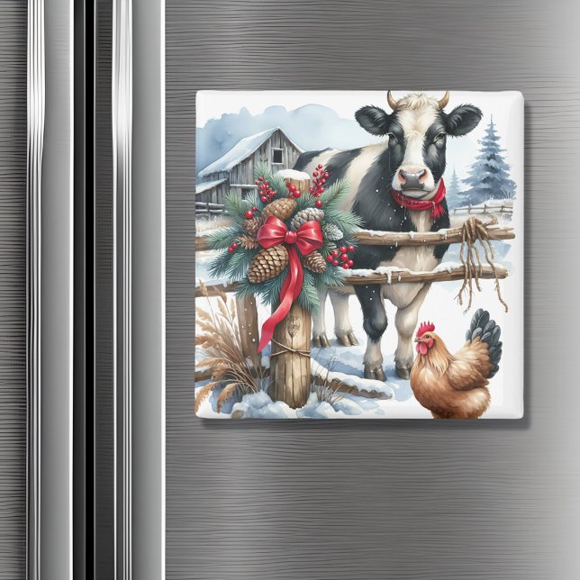 Beautiful Holiday Cow with Rooster Christmas Magnet (Creator Uploaded)