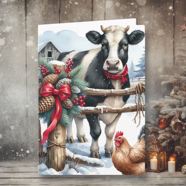 Beautiful Holiday Cow with Rooster Personalised Card (Creator Uploaded)
