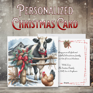 Beautiful Holiday Cow with Rooster Personalised Card