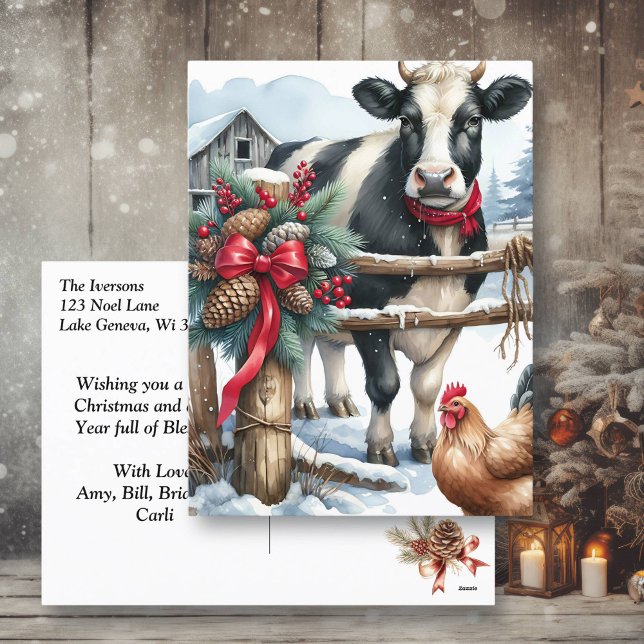 Beautiful Holiday Cow with Rooster Personalised Postcard (Creator Uploaded)